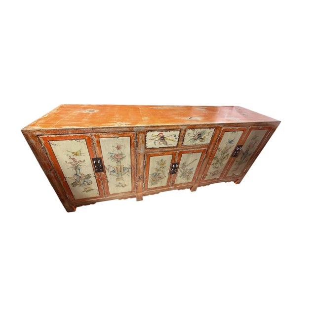 Vintage Mongolian Hand Painted Elm Wood Large Cabinet W/ Six Doors 77" W For Sale In New York - Image 6 of 11
