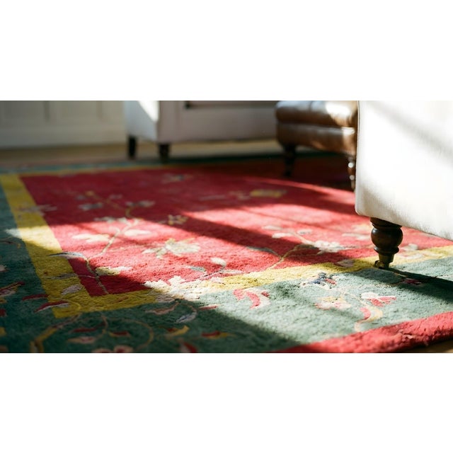 1920s Red Floral Antique Chinese Art Deco Rug 9' X 11'8" Handknotted Wool Carpet For Sale - Image 10 of 10