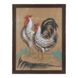 Vintage Watercolor Hand-Painted Gorgeous Portrait of a Chicken Couple For Sale