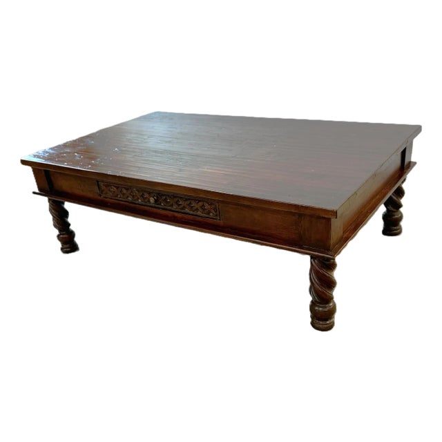 Mediterranean Spanish Revival Solid Wood Barley Twist Coffee Table 58" For Sale