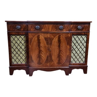 1940s Regency Style Inlaid Mahogany Breakfront Sideboard For Sale