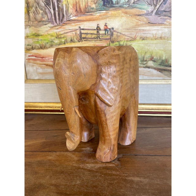 Vintage Hand-Carved Wooden Elephant Sculpture Figurine, Wood Decorative Animal Figure For Sale - Image 4 of 11