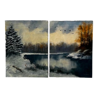 Vintage Traditional Impressionist White Winter Landscape Original Oil Painting Diptych, a Pair in Cerulean Blue, Burnt Umber & White For Sale