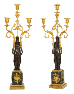 Pair of French Empire Gilt Patinated Bronze Three-Light Candelabra Ca. 1815