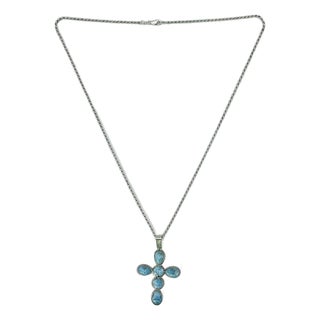 1970s Vintage Southwestern Boho Chic Religious Blue Larimar & Sterling Cross Pendant Necklace - 23” For Sale