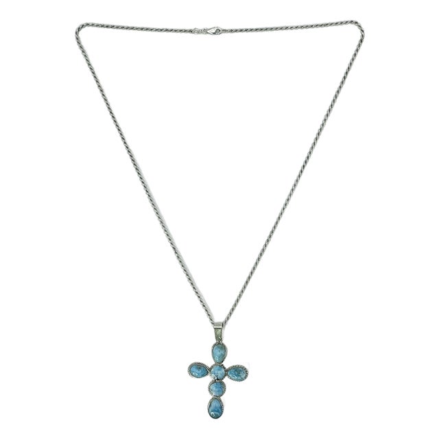 1970s Vintage Southwestern Boho Chic Religious Blue Larimar & Sterling Cross Pendant Necklace - 23” For Sale