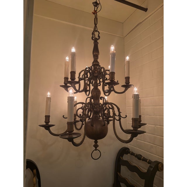 American Early 12 Arm Colonial Brass Chandelier For Sale - Image 3 of 5