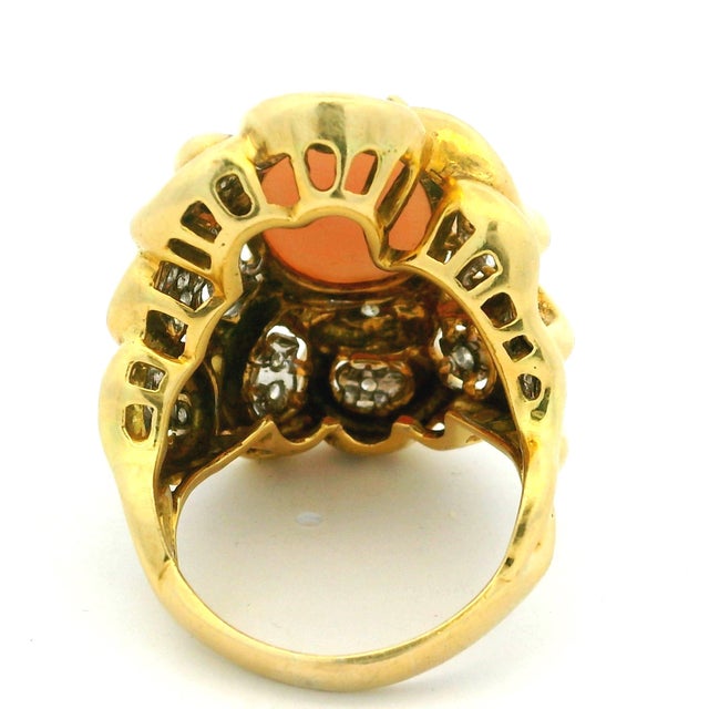Gold Vintage Italian Angel Skin Coral and Diamond Cocktail Ring in 18k Yellow Gold, Size 9 For Sale - Image 8 of 15