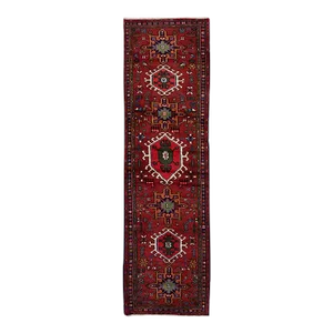 1980s Vintage Persian Heriz Handmade Red Medallion Wool Runner