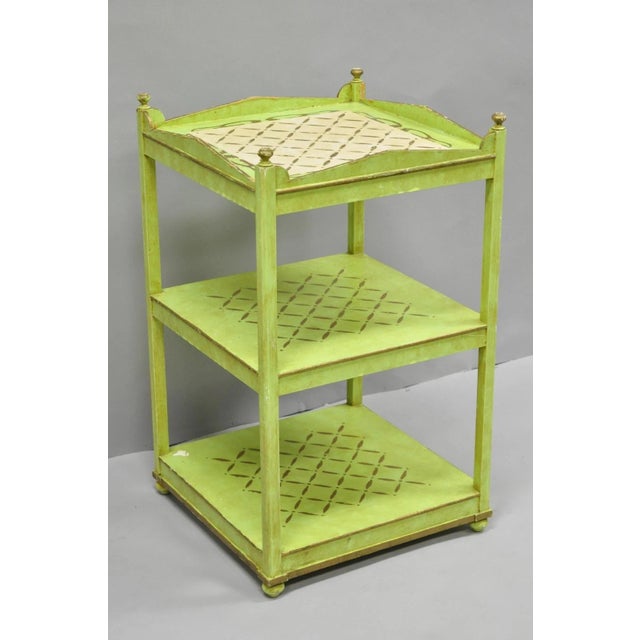 French Country Vintage Italian Venetian Green Distress Painted 3 Tier French Country Side Table For Sale - Image 3 of 16