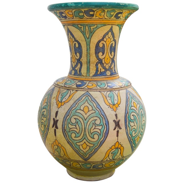 Antique handcrafted ceramic vase featuring an elaborate hand-painted Moorish pattern in a traditional Andalusian color...