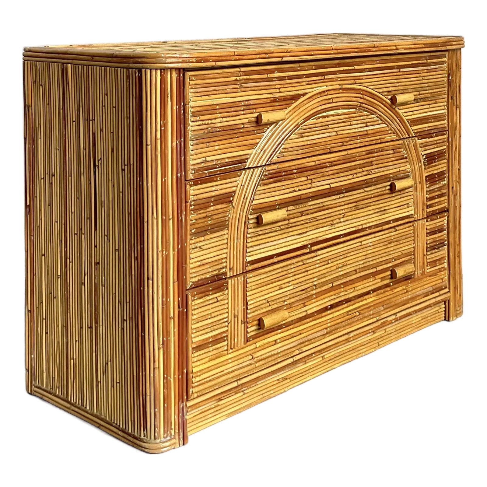 Vintage Boho Arched Pencil Reed Chest of Drawers | Chairish