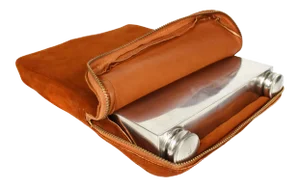 Early 20th Century Silver Plated Abercrombie & Fitch Double Divided Flask With Leather Case, England