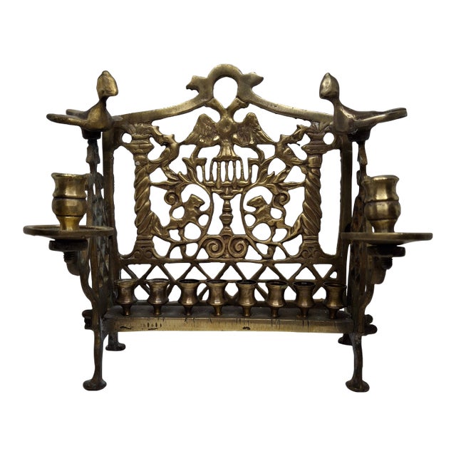Antique 19th C. Polish Brass Bench Menorah Hanukkah Lamp Lions Birds Openwork For Sale