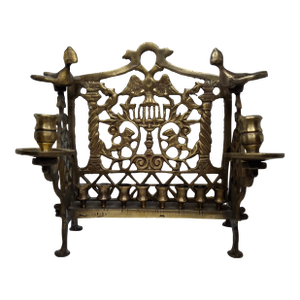 Antique 19th C. Polish Brass Bench Menorah Hanukkah Lamp Lions Birds Openwork