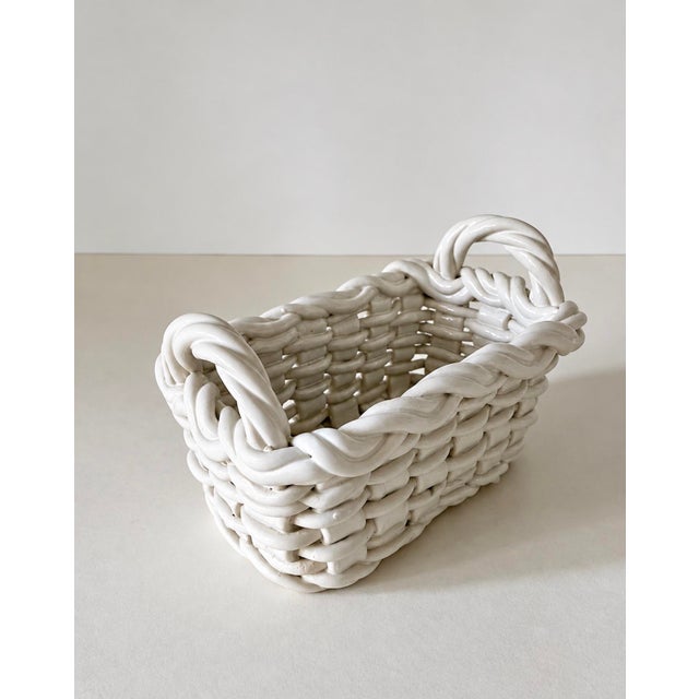 1980s White Ceramic Woven Lattice Rectangular Handled Cachepot or Basket For Sale In Cincinnati - Image 6 of 11