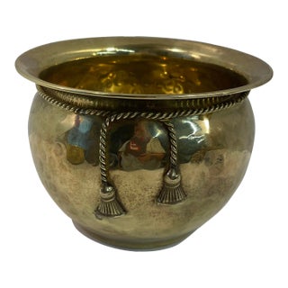 Vintage Hammered Brass Planter With Rope and Tassel Design For Sale