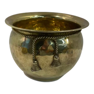 Vintage Hammered Brass Planter With Rope and Tassel Design