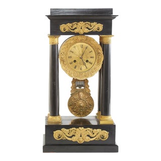 19th Century French Empire Portico Black and Bronze Table Clock For Sale