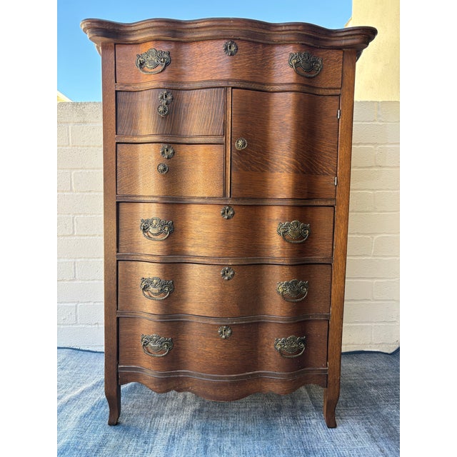Antique Oak Highboy Dresser Featuring Distinctive Serpentine Bowed Drawers and a Small Upper Side Cabinet For Sale - Image 11 of 11