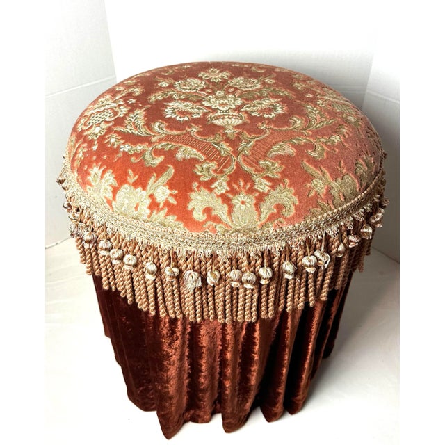 Beautifully constructed, custom made Old World Weavers ottoman/stool. Cut velvet coral top and persimmon skirt with 6”...