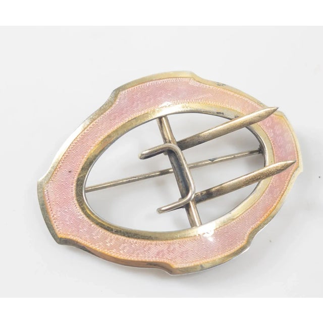 Early 20th Century Early 20th Century Pink Guilloche Enamel and Gilt Sterling Silver Belt Buckle Pin For Sale - Image 5 of 8