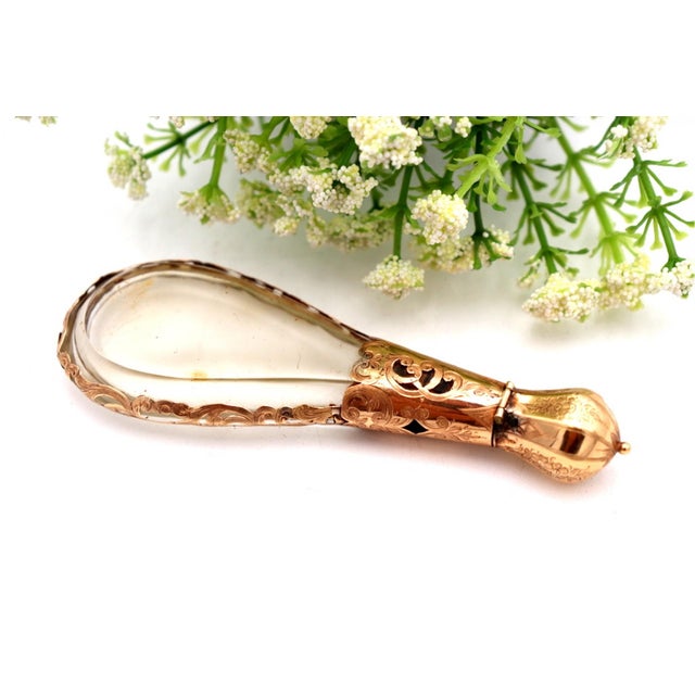Metal Glass Perfume Bottle with Gold Structure and Cutouts For Sale - Image 7 of 7