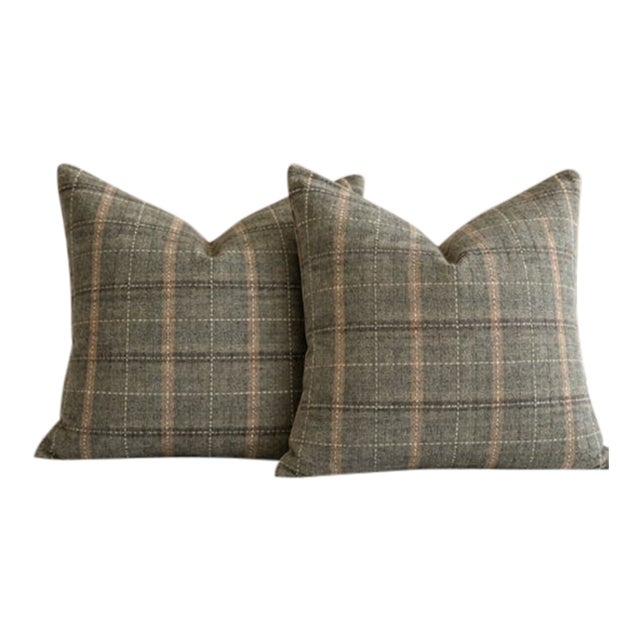 Mulberry Wool Plaid 22” Down-Filled Pillows – 22" Pair For Sale