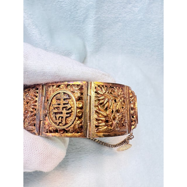 Vintage Mid‑Century Chinese Solid Cast Brass Fú‑Lù‑Shòu Blessings Bracelet For Sale In Salt Lake City - Image 6 of 13