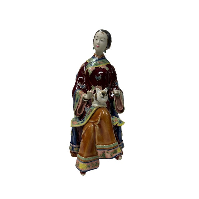 Chinese Porcelain Qing Style Dressing Holding Cat Lady Figure For Sale - Image 4 of 7