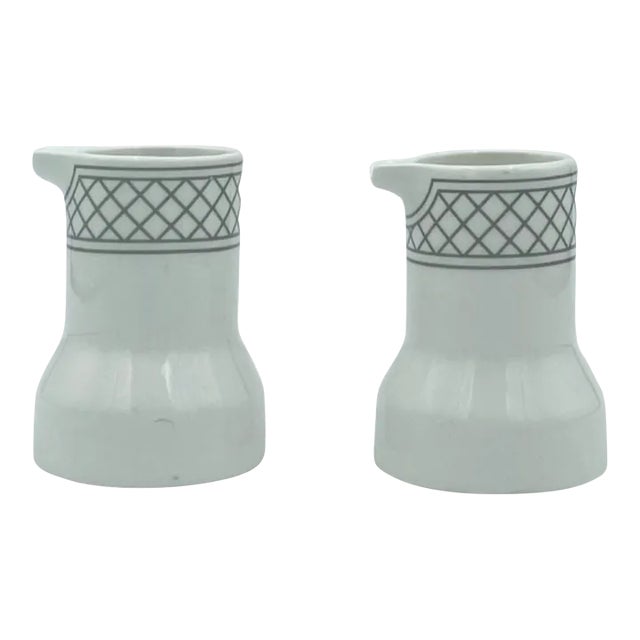 Pair of Vintage Shenango China Restaurant Ware White Creamers Gray Lattice For Sale