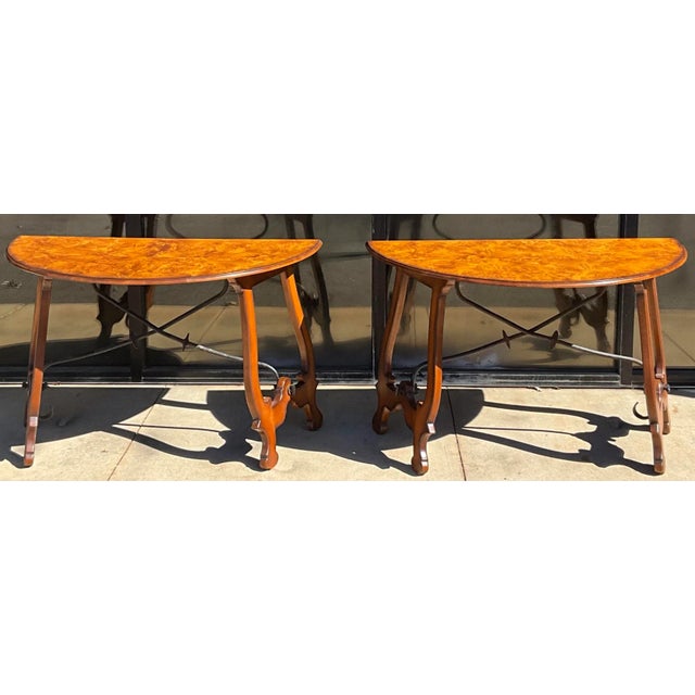 Italian Baroque Style Burl Walnut With Iron Stretcher Console Tables - Pair For Sale In Atlanta - Image 6 of 7