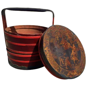 Chinese Antique Bamboo Basket With Painted Lid