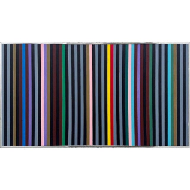 Mid-century Hard Edge Colorful Lines Painting, Gene Davis Manner Offered for sale is a mid-century painting comprised of...
