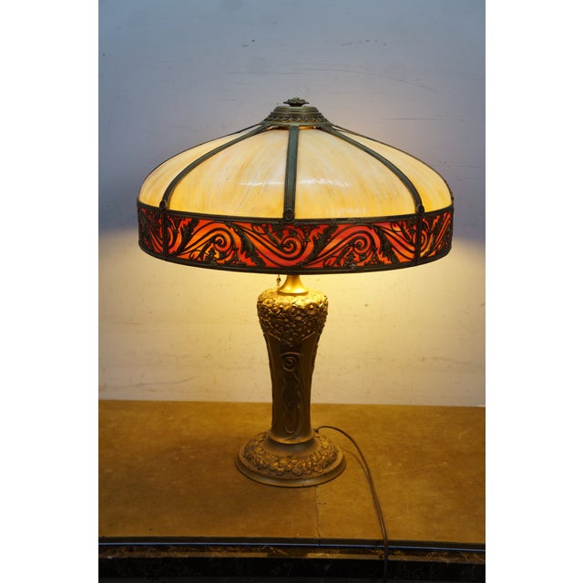 Antique Charles Parker Art Nouveau Two Light Slag Glass Table Lamp 25" For Sale - Image 10 of 18