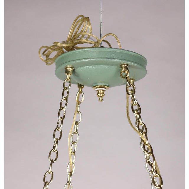 Celadon Vintage Tole Umbrella-Shaped Metal Chandelier — Sage Green and Gold Leaf For Sale - Image 8 of 12