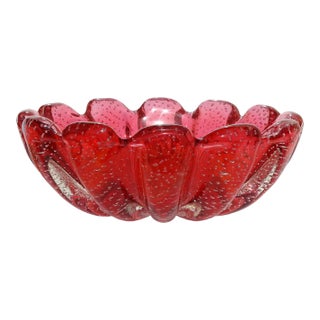 Vintage Murano Seguso Vetri d'Arte Cranberry Red Sommerso Bubbles Italian Art Glass Scallop Rim Bowl For Sale