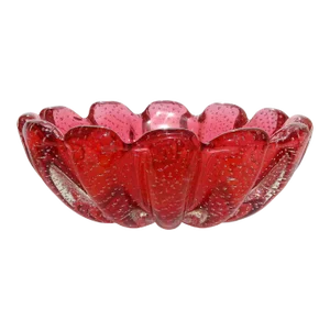 Vintage Murano Seguso Vetri d'Arte Cranberry Red Sommerso Bubbles Italian Art Glass Scallop Rim Bowl