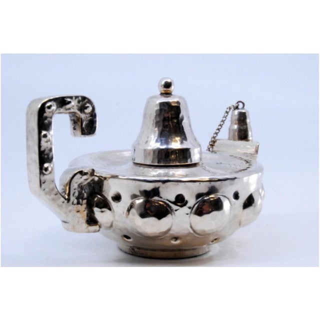 Metal Hammered Silver Lamp with Reliefs For Sale - Image 7 of 9
