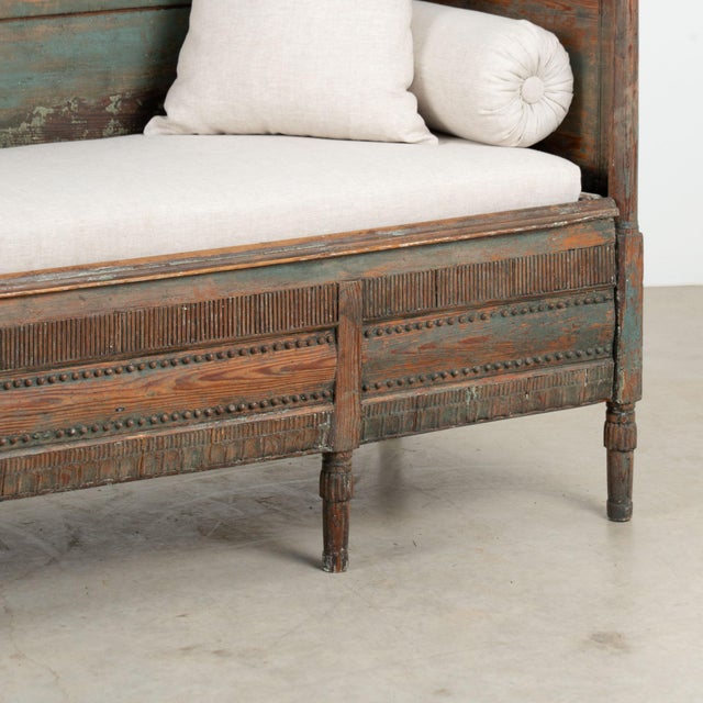 19th Century Swedish Gustavian Original Teal Blue Painted Pine Bench For Sale - Image 12 of 14