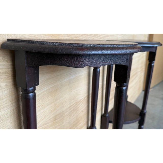 Early 20th Century Pair of Dark Wood Narrow Demilune Convertible Nightstands with Low Shelve For Sale In Miami - Image 6 of 18