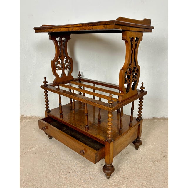 1930s Victorian Walnut Canterbury Magazine Rack with Tray Top For Sale - Image 6 of 10