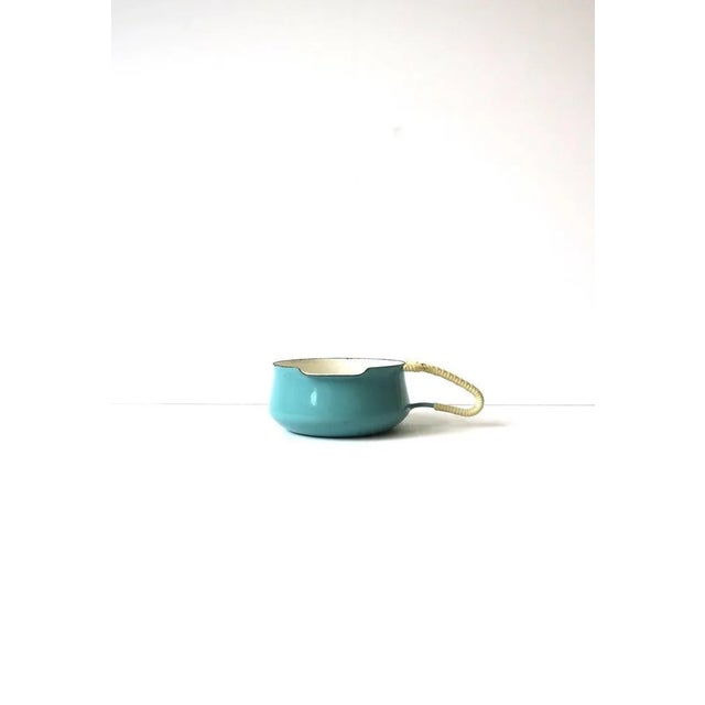 A beautiful small vintage Dansk Kobenstyle Danish Scandinavian Modern sky-blue enamel and wicker wrapped handle sauce pot...