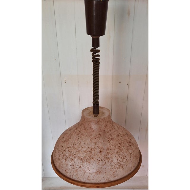 Vintage Adjustable Ceiling Lamp with Beige Marbled Plastic Shade and Beechwood Rim, 1970s For Sale - Image 4 of 9