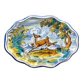 Vintage Mid Century Spanish Talavera Hand Painted Stag Ceramic Plate Signed S. Timoneda For Sale