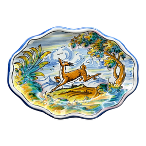 Vintage Mid Century Spanish Talavera Hand Painted Stag Ceramic Plate Signed S. Timoneda