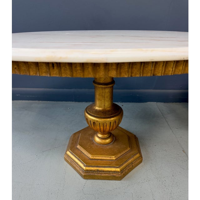 Brown 1950s Pair of Neoclassical Style Marble Top Pedestal Side Tables With Giltwood Bases For Sale - Image 8 of 11