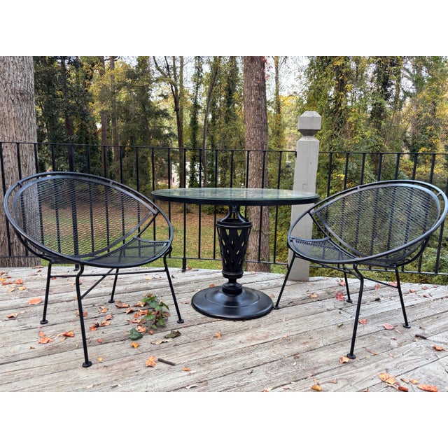 recently restored center table. can float stand alone or be flanked by chairs for cocktails or appetizers. heavy iron with...