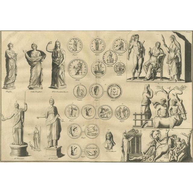 Roman Goddesses, Allegorical Statues and Coins, Composite Engraving, 1721 : This large and finely engraved composite plate...