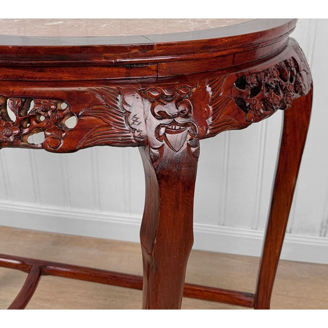 Vintage Chinese Marble Hardwood Carved Demilune Half Moon Console Table For Sale - Image 11 of 12